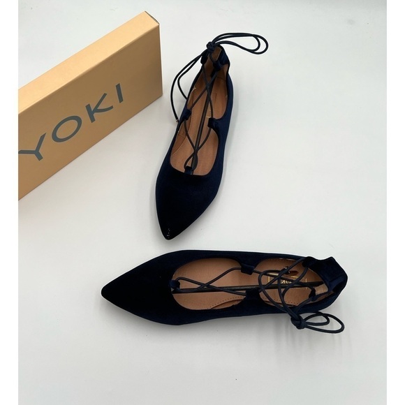 New In Box Yoki Women's Navy Blue Velvet Ballerina Ankle Lace Up Flats - Picture 4 of 10